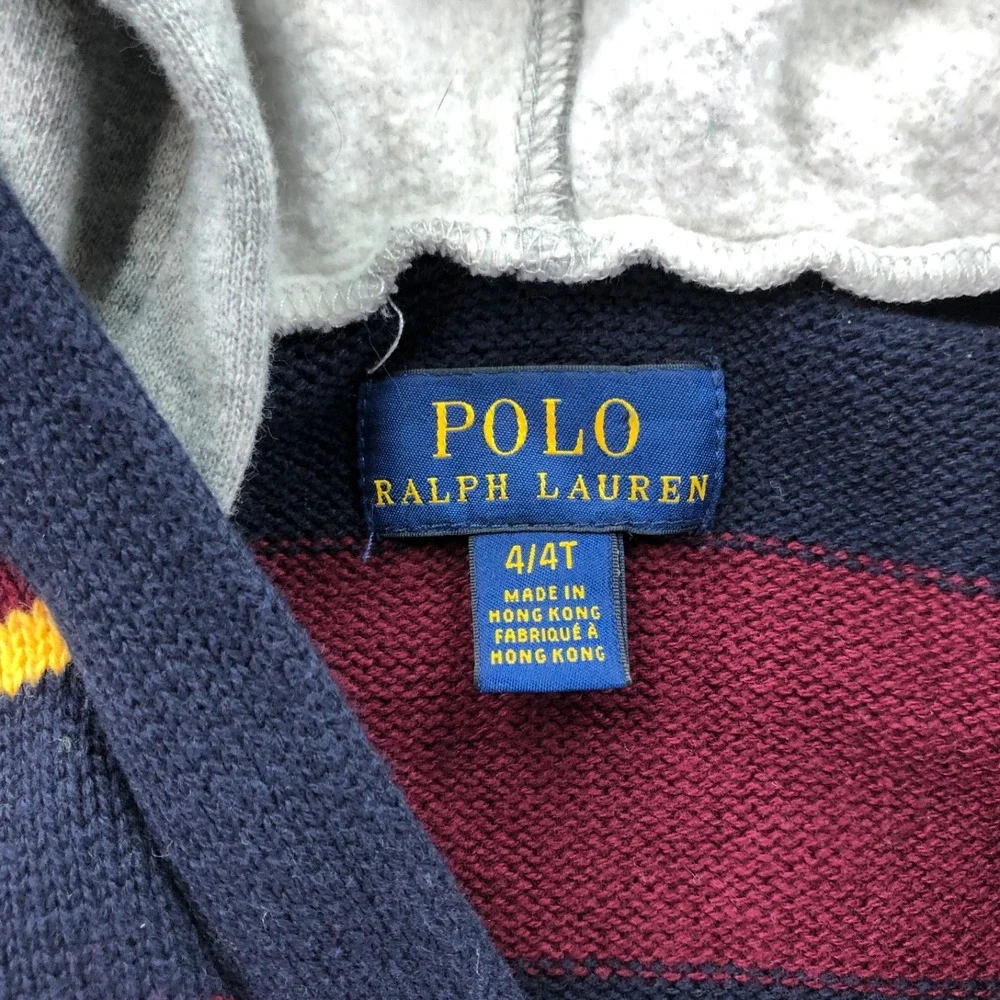 Polo Ralph Lauren Sweater Boys 4T Hood Knit Cardigan Bulldog Patchwork Letterman